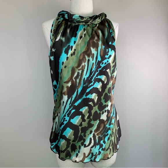 Abstract Brown Turquoise Animal Print Halter Top Dress Barn Blouse Size S - Picture 3 of 15